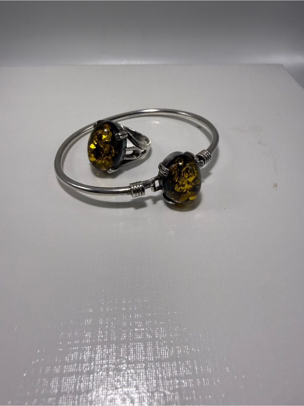 Sterling Silver Green Amber Stone Bracelet and Ring Set